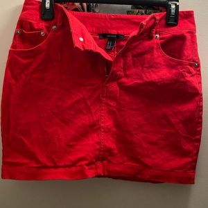 Red denim mini skirt